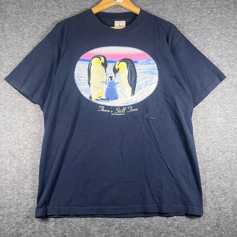 Vintage 1999 Earth Foundation Penguin T-Shirt Navy Blue Mens Large Made in USA